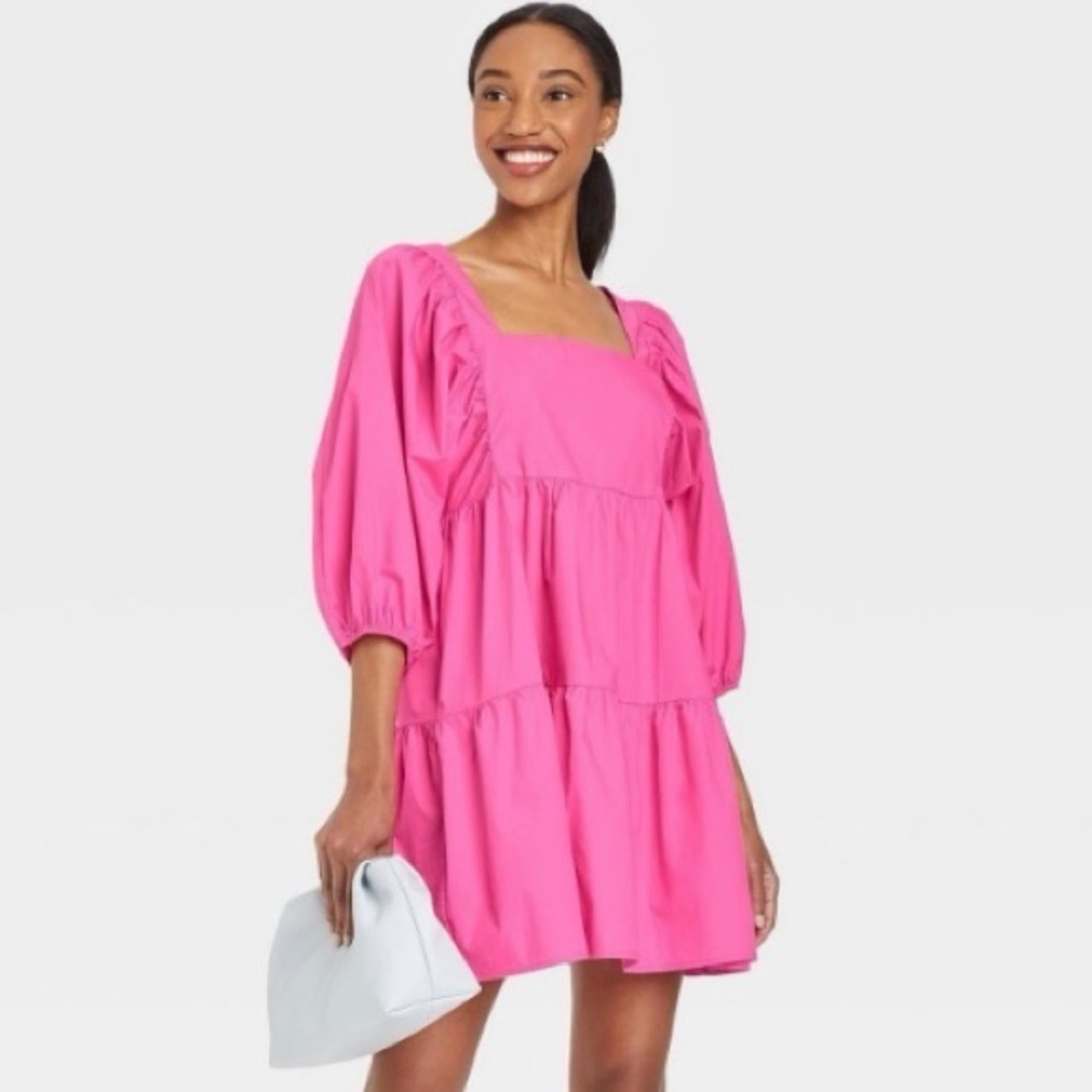 A New Day Pink Cotton Puff Sleeve Smocked Mini Dress With Pockets M